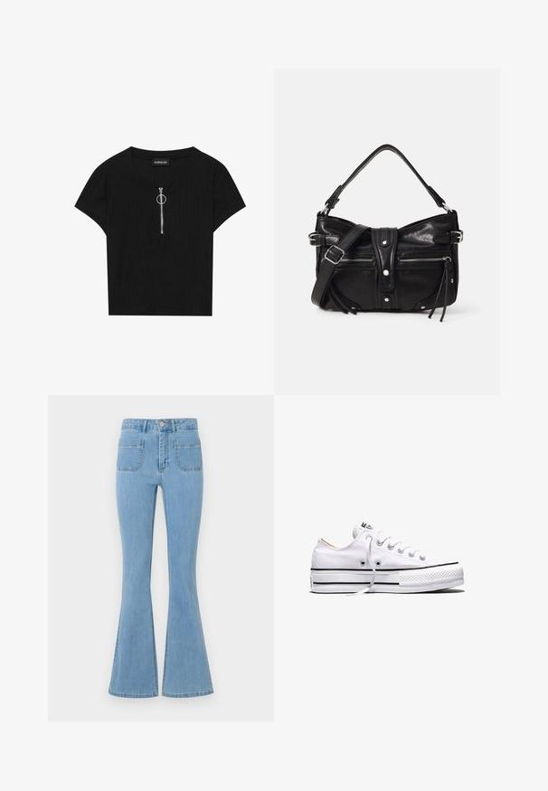 Haut noir à manches courtes côtelé avec un col rond et une fermeture éclair à l'avant avec un tirette en métal, fabriqué dans un tissu texturé.; Jean flare bleu clair avec taille haute, cinq poches et une texture en denim lisse avec des détails cousus le long des coutures.; Baskets basses en toile blanche avec lacets blancs, bandes noires sur la semelle et embout en caoutchouc texturé, vue de côté sur fond blanc.; Even&Odd H24462 - Sac à main - black