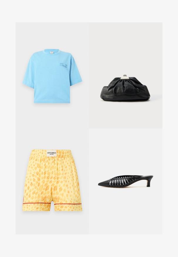 Γαλάζιο κοντομάνικο cropped T-shirt με στρογγυλή λαιμόκοψη και διακριτικό ανάγλυφο κείμενο "BAUM UND PFERDGARTEN" στο αριστερό μέρος του στήθους.; Κίτρινο σορτς με πορτοκαλί λεοπάρ στίγματα, ελαστική μέση, κόκκινο τελείωμα κοντά στο τελείωμα και λευκή ετικέτα με την επιγραφή "Just Cavalli Milano" στη πίσω μέση.; Μαύρο δερμάτινο mule με μυτερή μύτη, σχέδιο με λουράκια και χαμηλό τακούνι kitten σε λευκό φόντο.; Μαύρο δερμάτινο τσάντα χειρός με πτυχωτή υφή, μεταλλικό κούμπωμα και διακριτικό ανάγλυφο λογότυπο στο μπροστινό μέρος. Στρογγυλεμένο σχήμα.
