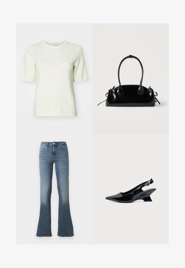 Creme kortærmet sweater med et struktureret diamantmønster. Har en rund halsudskæring og ribkantede kanter. Fremstillet af let strikket stof.; Lyseblå jeans i denim med høj talje, knap- og lynlåslukning, lommer foran og bagpå samt vide ben.; Sort laklæder slingback sko med spids tå og lav vinklet blokhæl på ensartet lys baggrund.; Lille sort blank håndtaske med to lange håndtag og snøre-detaljer i siden på en ensfarvet lys baggrund.
