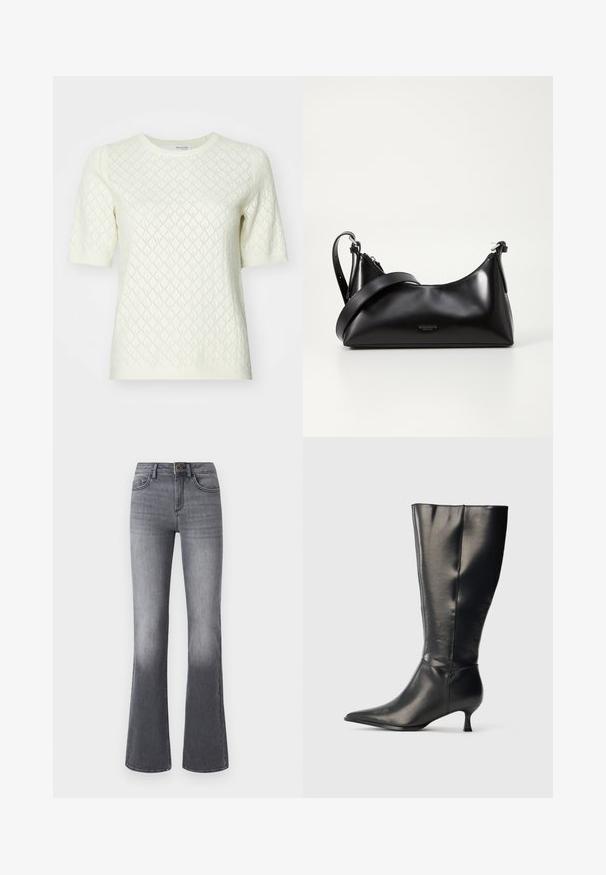 Creme kortærmet sweater med et struktureret diamantmønster. Har en rund halsudskæring og ribkantede kanter. Fremstillet af let strikket stof.; Højtaljede, brede jeans i mørkegråt denim med forlommer, knaplukning og subtilt falmede effekter mod kanten.; Sort knæhøj læderstøvle med spids tå og lav kittenhæl, vist på en enkel lys baggrund.; Sort læderhåndtaske med en glat tekstur. Har en justerbar stropp og et enkelt, minimalistisk design med lynlås.