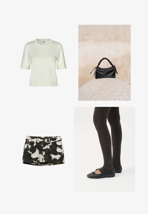 Strikket kortærmet sweater i off-white med rund halsudskæring og en glat, blød tekstur. Enkel og klassisk design.; Sort-hvid denim mini nederdel med ko-print, frontknap, lynlås, bæltestropper og lommer på hvid baggrund.; Ben iført mørke ribbede leggings kombineret med sorte balletsko med små sløjfedetaljer på hvid baggrund.; Sort håndtaske med rynkede detaljer og et samlet håndtag, hvilende på en tekstureret stensfære mod en beige betonvæg.