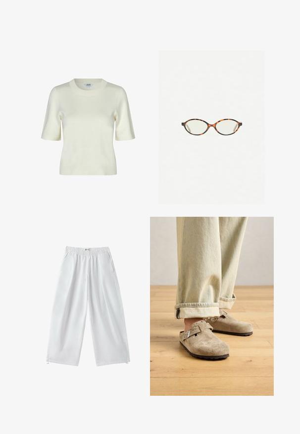 Strikket kortærmet sweater i off-white med rund halsudskæring og en glat, blød tekstur. Enkel og klassisk design.; Hvide bukser med vide ben, elastisk taljebånd og sidelommer, vist på en ensfarvet hvid baggrund.; Lys beige ruskindsslip-on klipklapper med metalspænde og nitte detaljer iført med opfoldede lysvaskede jeans på trægulv.; Skildpaddebriller med ovale linser og en elegant, glat finish. Har tynde sider med en subtil kurve ved tindingerne. Klare linser.