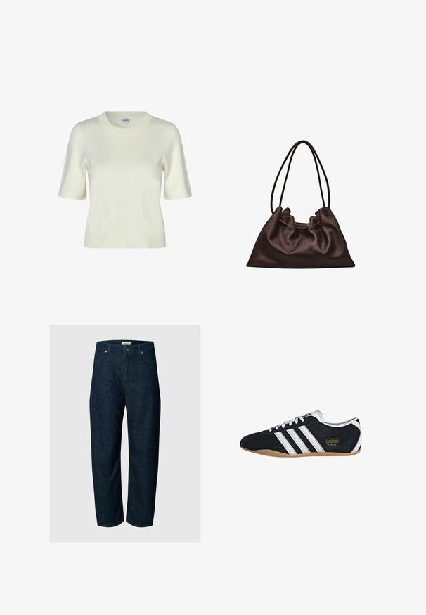 Strikket kortærmet sweater i off-white med rund halsudskæring og en glat, blød tekstur. Enkel og klassisk design.; Mørkeblå jeans med lige ben, forlommer, bæltestropper og knaplukning mod en ensartet lys baggrund.; Sort ruskinds sneaker med hvide tre striber, guldlogo og en brun gummisål. Har et lavprofil snørebåndsdesign.; Blød mørkebrun læderhåndtaske med en slasket form og to tynde skulderstropper mod en hvid baggrund.