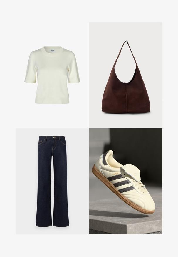 Strikket kortærmet sweater i off-white med rund halsudskæring og en glat, blød tekstur. Enkel og klassisk design.; Mørkeblå vidde denimjeans med forlommer, knap- og lynlåslukning samt synlige kontrastsyninger.; Cremefarvede lædersneakers med tre mørke striber, en brun gummisål og en afrundet tå. Har en foldbar tunge mærket "SAMBA."; Brun suedette hobo taske med en stor, buet åbning og en bred skulderrem. Har en centreret søm på forsiden. Glat tekstur.