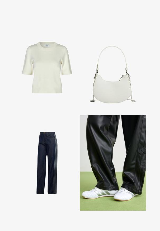 Pull en maille à manches courtes de couleur écrue, avec un col rond et une texture lisse et douce. Design simple et classique.; Jean en denim bleu foncé avec des jambes droites et trois bandes gris clair courant le long du côté extérieur de chaque jambe.; Pantalons en simili cuir noir avec une coupe ample, présentant une texture lisse et des rayures latérales. Associés à des baskets blanches avec des accents argentés.; Sac à main synthétique blanc de forme courbée, avec une bandoulière en chaîne et un design minimaliste. Texture lisse avec des accents en métal argenté.