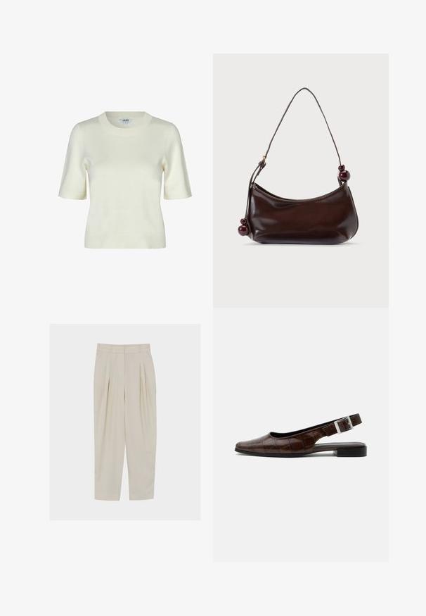 Pull en maille à manches courtes de couleur écrue, avec un col rond et une texture lisse et douce. Design simple et classique.; Pantalon beige taille haute, ajusté avec des plis, poches latérales, passants pour ceinture et fermeture éclair à l'avant.; Chaussure plate slingback en cuir marron foncé avec bout carré, texture crocodile et boucle argentée sur la bride.; Sac à bandoulière en cuir marron foncé avec une forme courbée et une fine sangle, décoré de deux grosses perles rondes de chaque côté de la sangle.