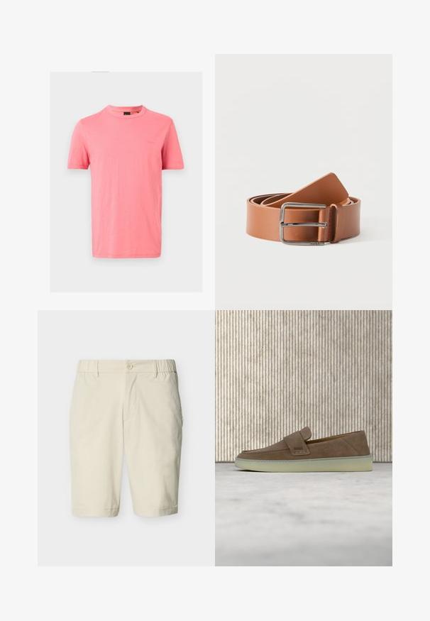 T-shirt uni rose corail à manches courtes avec col rond et logo de marque en relief discret sur le côté gauche de la poitrine sur fond blanc.; Shorts beige mi-longueur avec fermeture à bouton, bandes élastiques latérales à la taille, passants pour ceinture et poches latérales sur fond uni.; Mocassin beige en daim sans lacets avec semelle en caoutchouc blanche et logo BOSS sur la sangle latérale, présenté sur un fond neutre uni.; Ceinture en cuir marron clair enroulée avec une boucle métallique rectangulaire argentée brillante sur fond blanc.