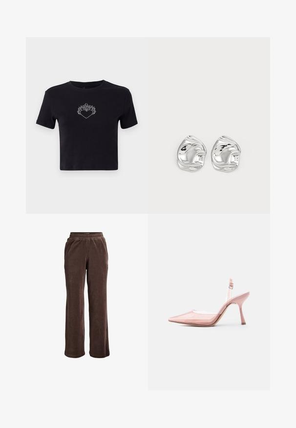 Sort kortærmet t-shirt lavet af bomuld, med et sølv rhinestone hjerte design med flammer ovenfor, rund halsudskæring og korte ærmer.; Brune velour-bukser med vide ben, elastisk talje og sidelommer, designet til afslappet brug.; Lyserød gennemsigtig højhælet slingback-sko med spids tå og spænde på hvid baggrund.; Sølv abstrakte stud øreringe med en poleret finish, der har glatte kurver og subtile konturer. Ingen synlige mønstre eller accenter.