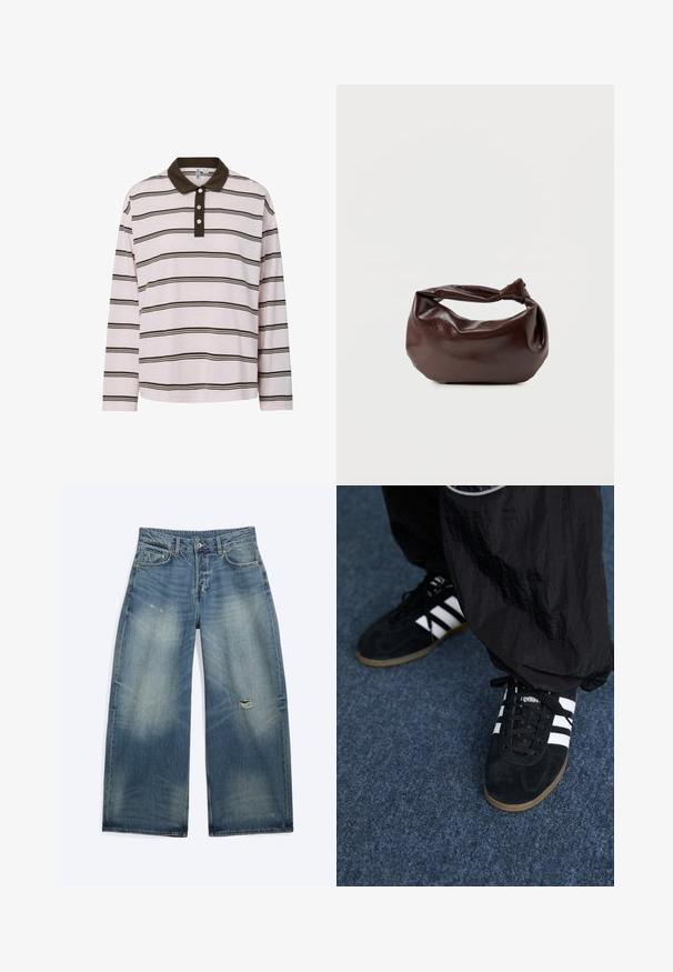 Polo de manga larga en rosa claro con rayas horizontales marrones, con un cuello marrón oscuro y tapeta de tres botones. Material suave de algodón.; Vaqueros de mezclilla azul de corte holgado con zonas descoloridas y un pequeño desgarro en el muslo derecho, con bolsillos delanteros y trabillas para cinturón.; Zapatillas deportivas de ante negro con tres rayas blancas y cordones negros. Un pantalón negro texturizado es parcialmente visible al lado de las zapatillas.; Bolso de hombro de cuero marrón oscuro con una forma suave y caída, y un asa con nudo torcido sobre un fondo blanco liso.
