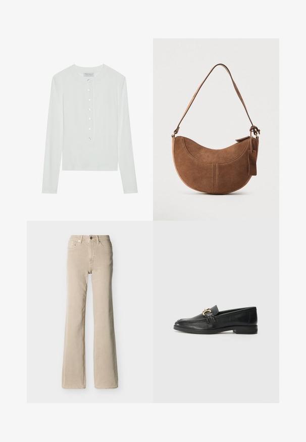Hvid langærmet top lavet af ribbet stof, med en rund halsudskæring og en knaplukning foran med seks klare knapper.; Beige højtaljede jeans med knap- og lynlåslukning foran, fem lommer og en let flared benåbning mod en ensfarvet baggrund.; Sorte læder loafers med en guld hardware accent, rund tå, syede detaljer og en lav hæl. Glat tekstur og klassisk design.; Brun ruskinds håndtaske med en buet, halvmåneformet silhuet. Har en skulderrem, et lille mærke og synlige sømme langs kanterne.