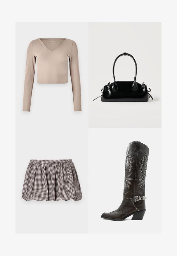 Langærmet, cropped top i lys beige ribbet stof med V-hals og minimale syninger på kraven.; Brun og hvid ternet A-linje nederdel med samlet talje, lavet af letvægtsstof, med et subtile tekstureret mønster.; Sort læder cowboystøvle med dekorative udskæringer, sølvspænde og skrå hæl, vist på hvid baggrund.; Lille sort blank håndtaske med to lange håndtag og snøre-detaljer i siden på en ensfarvet lys baggrund.