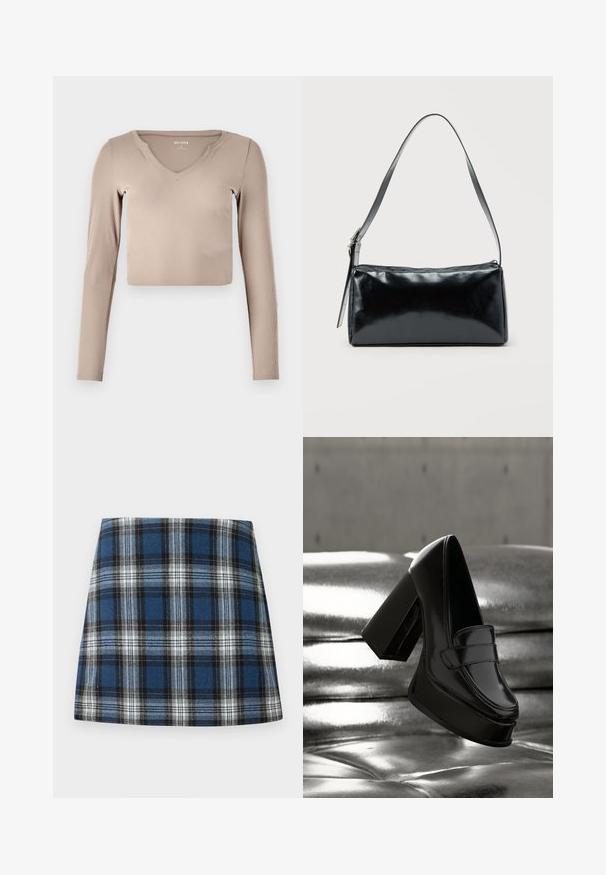 Langærmet, cropped top i lys beige ribbet stof med V-hals og minimale syninger på kraven.; Blåternet skørt med et varieret ternmønster i blå, sort og hvid. Fremstillet af et struktureret stof med en tætsiddende silhuet.; Sort laklæder plateau-loafer med chunky blokhæl, der svæver over en blank metallisk polstret overflade.; Sort rektangulær skuldertaske med en enkelt justerbar rem og lynlås i toppen på en ensfarvet baggrund.