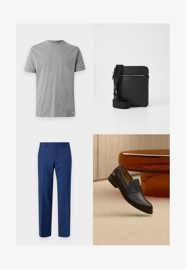 T-shirt gris à manches courtes en coton doux. Il présente un col rond avec une bordure contrastante et un ourlet droit en bas.; Pantalon bleu marine à jambe droite, avec une taille plate, une texture subtile, des passants de ceinture et une fermeture éclair.; Mocassin en cuir noir à talon bas flottant au-dessus d'un sol moquetté beige près d'une table ronde marron.; Sac à bandoulière en cuir noir avec une surface texturée, poche avant zippée et une sangle en tissu réglable. Design simple et carré.