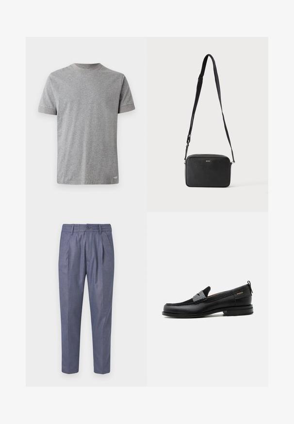 T-shirt gris à manches courtes en coton doux. Il présente un col rond avec une bordure contrastante et un ourlet droit en bas.; Pantalons tissés bleu avec une coupe ajustée, dotés de plis à l'avant, d'une fermeture à bouton et d'une texture lisse. Longueur raccourcie avec des jambes droites.; Mocassin en cuir noir avec détail de bride grise, talon bas et semelle texturée, marqué "HUGO" en or sur le côté.; Sac bandoulière rectangulaire noir avec sangle réglable et logo BOSS sur le devant, sur un fond clair uni.
