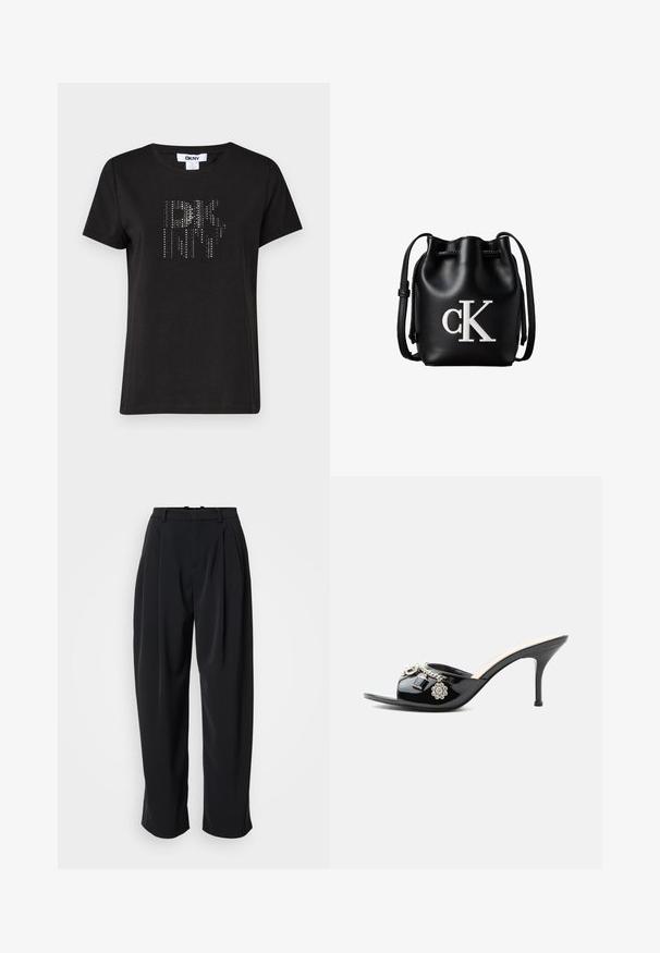 Zwart T-shirt met korte mouwen, gemaakt van katoen, met een gestructureerd ontwerp en zilveren studs die in een gestileerd logo aan de voorkant zijn gerangschikt.; DRYKORN INK - Broek - black; Zwarte lakleren mule met hoge hak, open teen en decoratieve zilveren bedels, waaronder een bloem en hangslot op de voorste band.; Zwarte leren bucketbag met koordsluiting aan de bovenkant en wit "cK" logo aan de voorkant, met een verstelbare schouderband.