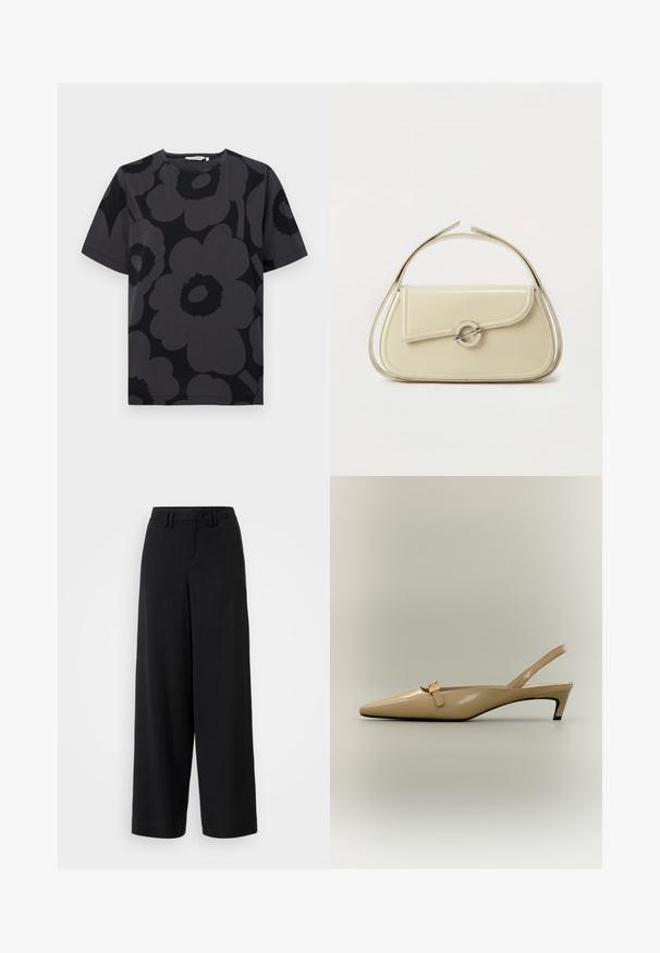 T-shirt gris foncé avec un motif floral dans des nuances de gris et de noir, à manches courtes et à encolure arrondie.; Pantalons large en noir en tissu lisse, avec une taille plate, des détails plissés et des passants de ceinture à la taille.; Escarpin slingback en cuir verni beige avec talon kitten, bout pointu et petite sangle à boucle sur fond neutre.; Sac à main en cuir crème avec rabat incurvé, fermoir circulaire en argent et poignée courte sur le dessus, sur fond blanc uni.