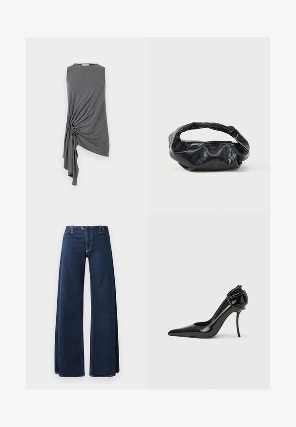 Haut asymétrique gris sans manches avec un détail drapé froncé sur le côté gauche, créant un ourlet fluide et irrégulier.; Jeans en denim large de couleur bleu foncé avec des coutures visibles, des poches avant et une fermeture à bouton. Fabriqué en tissu denim résistant.; Chaussure à talons hauts en cuir verni noir, avec un bout pointu et un dos ouvert. Dotée d'un accent incurvé unique au niveau du talon. Finition élégante et brillante.; Sac noir en matériau texturé et brillant avec une poignée circulaire torsadée et une fermeture éclair. Présente un design doux et froissé.
