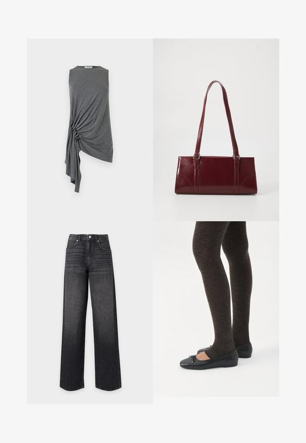 Haut asymétrique gris sans manches avec un détail drapé froncé sur le côté gauche, créant un ourlet fluide et irrégulier.; Jean en denim noir taille haute à jambes droites avec poches avant, passants de ceinture, bouton et fermeture éclair sur fond blanc.; Jambes portant des leggings côtelés foncés associés à des ballerines noires avec de petits détails en nœud sur fond blanc.; Sac à main bordeaux en matériau brillant, de forme rectangulaire, avec deux anses et des accents légèrement courbés à l'avant.