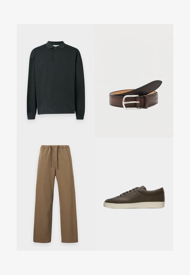 Polo shirt noir à manches longues avec une patte de boutonnage à un seul bouton et des poignets côtelés, présenté sur un fond clair.; Pantalon marron à coupe droite avec taille élastique et cordons noirs, présenté sur un fond clair uni.; Baskets basses en cuir marron foncé avec lacets sur le devant et semelle en caoutchouc couleur crème, vues de côté extérieur sur fond blanc.; Ceinture en cuir marron foncé roulée avec une boucle rectangulaire argentée sur fond blanc.