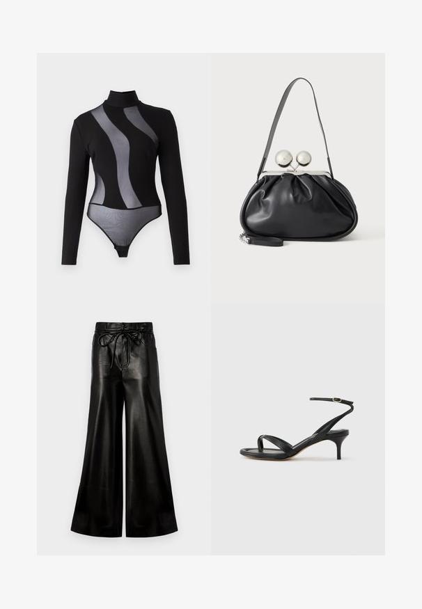 Bodysuit noir à manches longues avec des panneaux en maille transparente et un col montant. Il présente un design ajusté et une fermeture à pression au bas.; Pantalons larges en cuir noir avec une taille à cordon de serrage. Texture lisse, taille haute, coupe décontractée, dotés de poches latérales et d'une fermeture à bouton.; Sandale pour femme en cuir noir avec fines lanières, une boucle d'orteil, une boucle à la cheville et un talon aiguille de hauteur moyenne sur un fond neutre.; Sac à main en cuir noir avec un design plissé, une sangle unique, un cadre métallique argenté et deux grandes fermoirs ronds en argent.