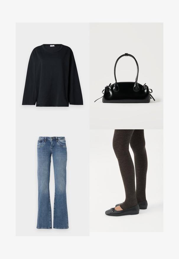 Camiseta negra de manga larga en algodón con cuello redondo, corte relajado y aberturas laterales en el dobladillo para mayor comodidad al moverse.; Jeans de mezclilla azul con bolsillos frontales, pasadores para cinturón y un ligero acampanado en la parte inferior, exhibidos sobre un fondo blanco.; Piernas con leggings oscuros acanalados combinados con bailarinas negras que presentan pequeños detalles de lazo sobre un fondo blanco.; Pequeño bolso negro brillante con dos asas largas y detalles de cordón lateral sobre un fondo claro liso.