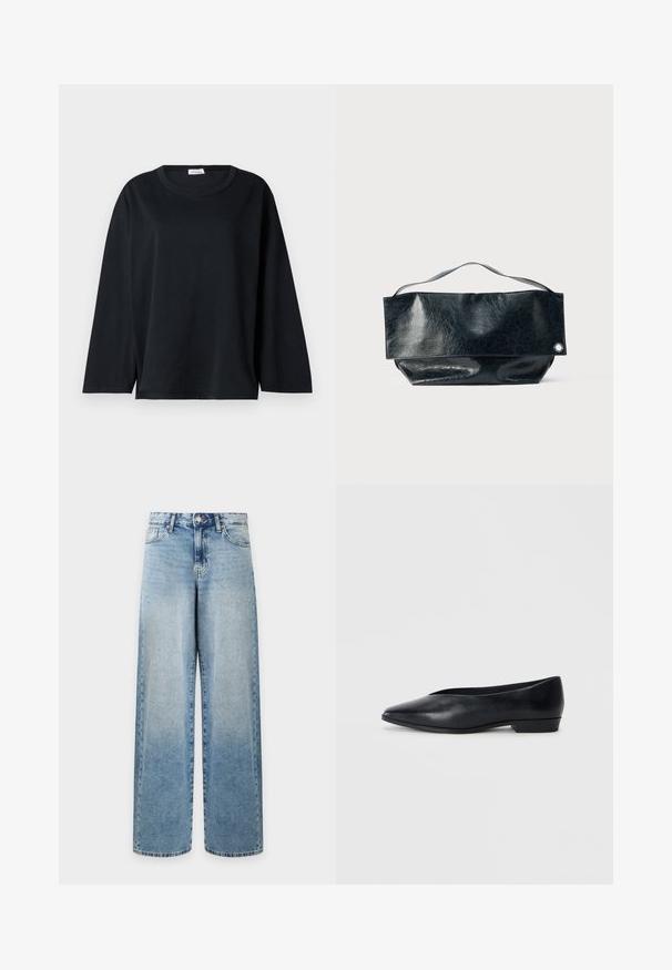 Sort langærmet t-shirt i bomuld med rund halsudskæring, afslappet pasform og sidespalter i kanten for bedre bevægelsesfrihed.; Lyseblå vidde jeans med klassisk fem-lomme design og knaplukning, vist forfra på en hvid baggrund.; Sorte læder flade sko med spids tå, let hævet hæl og glat overflade. Simpelt design uden synligt hardware eller mønstre.; Sort lædertaske med tekstureret overflade, rektangulært design, foldet klaplås og en lille metalaccent.