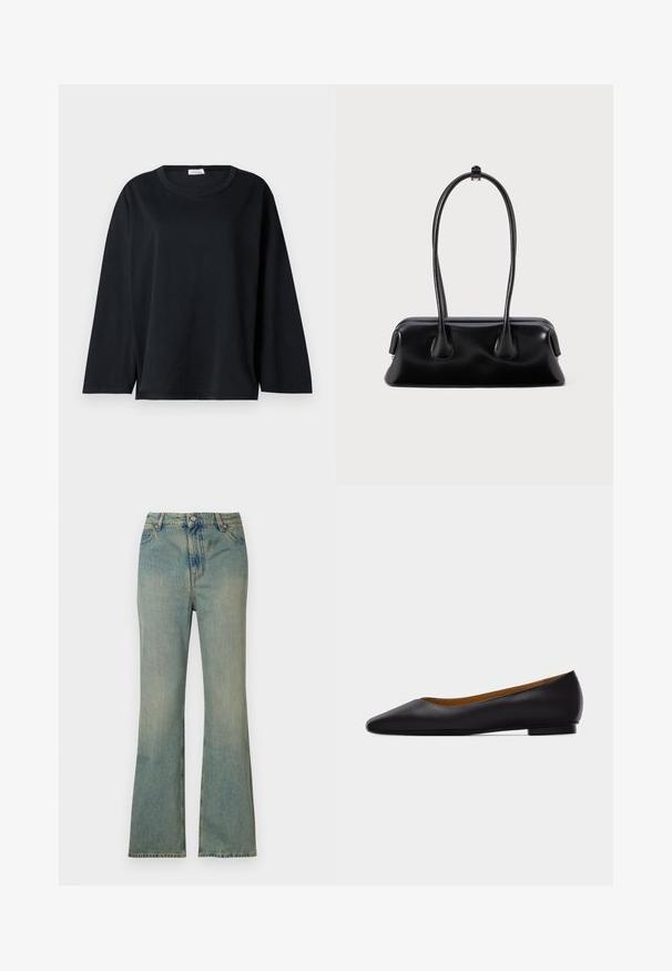 Sort langærmet t-shirt i bomuld med rund halsudskæring, afslappet pasform og sidespalter i kanten for bedre bevægelsesfrihed.; Lysblå denim flare jeans med høj talje, fem lommer og lynlås. Ren, falmet finish med subtile syninger.; Sort læder flad sko med spids tå, lav hæl og glat finish, vist fra siden på en lysegrå baggrund.; Sort læderhåndtaske med to forlængede håndtag, en glat tekstur og en rund bund med dekorative detaljer på siderne.