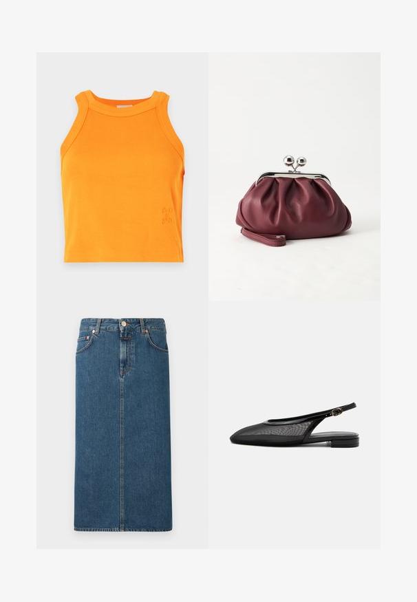 Ribaga oranž T-särk kõrge kaelusega ja ilma varrukateta disainiga. Omab delikaatset logo detaili allääres. Pehme, veniv materjal.; Tume sinine denim midi seelik sirge lõikega, esikottide ja vaskse värvi riistvaraga. Omab õmblusi õmbluste kaudu ja nuppude sulgemist.; Must slingback platvormkinga terava varbaosaga, võrkpealsega, reguleeritava pandlaga rihmaga ja madala pinu kontsaga valgel taustal.; Väike burgundia värvi nahast käekott hõbedase metallist klambri ja randmerihmaga valgel taustal.