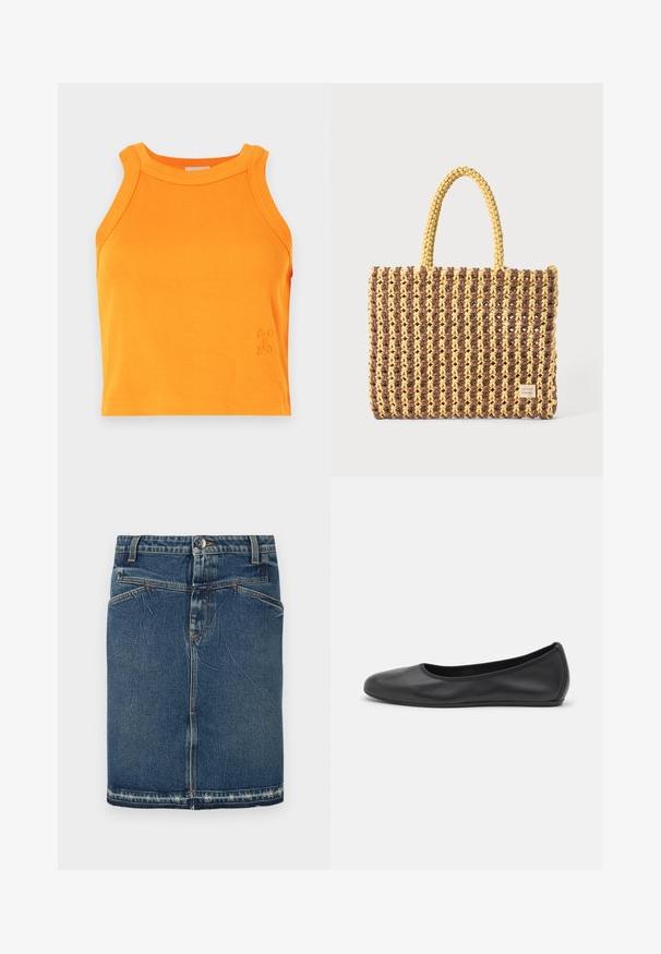 Débardeur orange à côtes avec un col haut et une conception sans manches. Présente des détails subtils de logo sur l'ourlet. Matière douce et extensible.; Jupe en denim avec un délavage bleu classique, un design à cinq poches et un ourlet effiloché. Se ferme avec un bouton à l'avant et une fermeture éclair.; Ballerines en cuir noir avec un bout rond, texture lisse, détails de couture minimalistes et design de semelle flexible.; Sac tissé marron et jaune, de forme rectangulaire, avec deux poignées, et une finition texturée avec des coutures visibles et une étiquette de marque.
