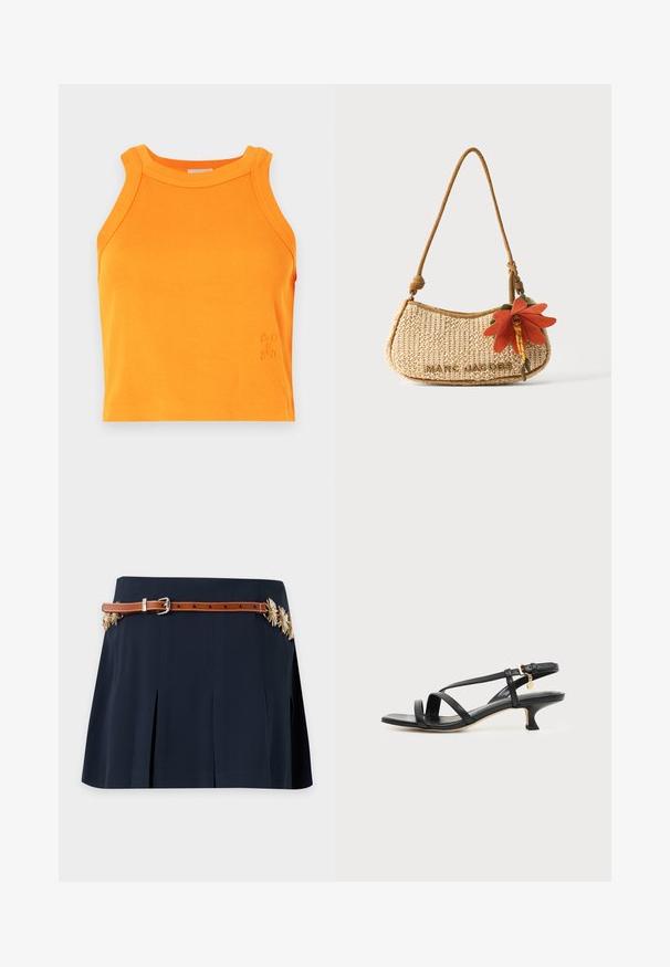 Geribbelde oranje tanktop met een hoge halslijn en mouwloos ontwerp. Bevat subtiele logodetails aan de zoom. Zacht, rekbaar materiaal.; Marineblauwe geplooide rok met een smalle bruine riem en gouden bloemenversieringen aan de zijkanten.; Zwarte leren sandaal met smalle bandjes, lage kittenhak, enkelriempje en een klein gouden hangertje tegen een effen lichte achtergrond.; Geweven beige Marc Jacobs schoudertas met geknoopte band en oranje bloemhangertje aan de rechterkant tegen een effen achtergrond.