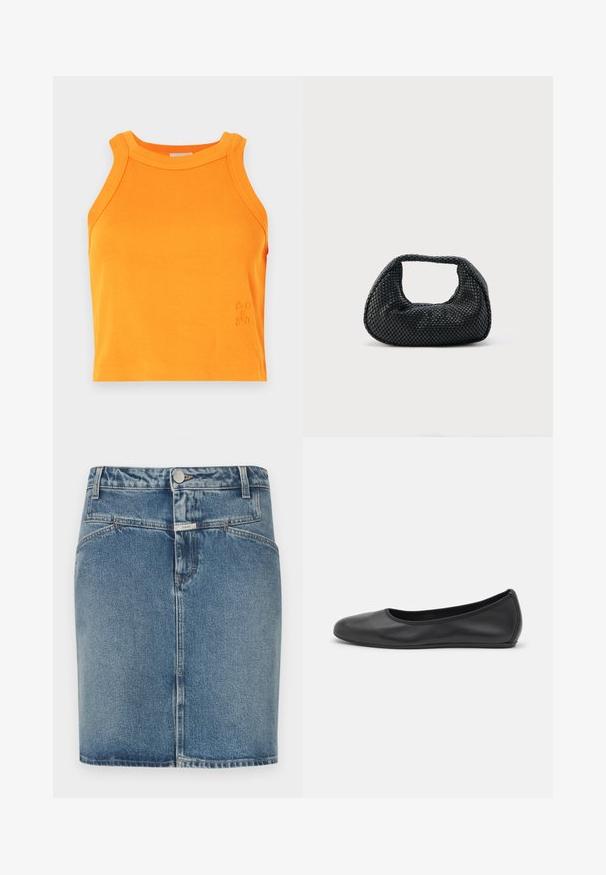 Rippenförmiges orangefarbenes Tank-Top mit hohem Hals und ärmellosem Design. Mit dezentem Logo-Detail am Saum. Aus weichem, elastischem Material.; Jeansrock in hellblauer Waschung mit figurbetontem Schnitt, Fünf-Taschen-Stil, vorderem Knopfverschluss und sichtbaren Nahtdetails.; Schwarze Leder-Ballettschuhe mit abgerundeter Spitze, glatter Textur, minimalen Nähdetails und einem flexiblen Sohlen-Design.; Schwarze gewebte Hobo-Tasche mit weicher Struktur und integriertem Griff, dargestellt vor einem schlichten hellen Hintergrund.