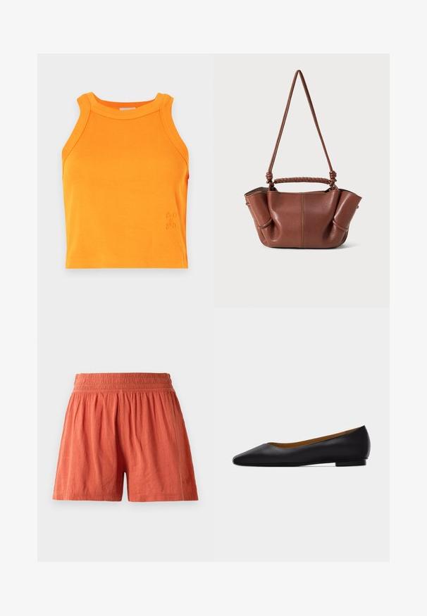 Geribbelde oranje tanktop met een hoge halslijn en mouwloos ontwerp. Bevat subtiele logodetails aan de zoom. Zacht, rekbaar materiaal.; Terracotta shorts met een elastische tailleband, gemaakt van gestructureerde stof, hebben een losse pasvorm en subtiele branding aan de zoom.; Zwarte leren puntschoen met lage hak en gladde afwerking, zijaanzicht op een lichtgrijze achtergrond.; Bruine leren handtas met een gevlochten handvat en een verstelbare schouderriem. Heeft zacht gevouwen zijkanten en zichtbare stikselaccenten.