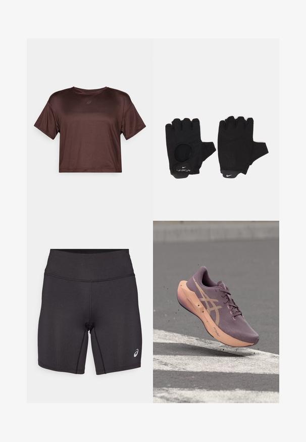 Korte mouwen, cropped, bruin sporttop gemaakt van gladde, lichte stof met een subtiele glans en een klein logo op de borst.; Zwarte sportieve shorts met een gladde textuur, een aansluitend ontwerp en een hoge tailleband. Voorzien van contrasterende stiksels en een klein logo op het onderbeen.; Paarse en perzikkleurige hardloopschoen met label "FF Turbo" in de lucht boven asfalt met witte wegmarkeringen en kleine vuildeeltjes.; Zwarte vingerloze handschoenen met een gestructureerd ontwerp. Gemaakt van een ademend materiaal, met een duimopening en versterkte palm voor grip.