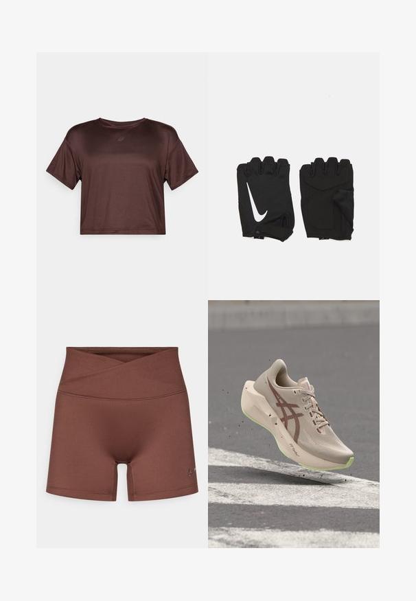 Kurze ärmels, cropped, brauner Sportoberteil aus glattem, leichtem Stoff mit einem subtilen Glanz und einem kleinen Logo auf der Brust.; Braune Sportshorts mit hohem Bund und überkreuztem Frontdesign. Hergestellt aus glattem, dehnbarem Material. Verfügt über ein kleines Logo an der Seite.; Beiger und brauner Laufschuh in der Luft über Asphalt mit weißen Straßenmarkierungen, zeigt leichtes Design und Details der Sohlenstruktur.; Schwarze fingerlose Fitnesshandschuhe aus atmungsaktivem Stoff, mit einem weißen Nike-Logo, gepolsterten Handflächen und einem offenen Handgelenkdesign für bessere Flexibilität.