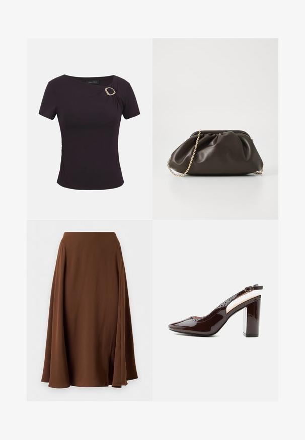 Haut ajusté à manches courtes de couleur violet foncé avec un col asymétrique et une boucle ovale décorative en or sur l'épaule gauche.; Jupe marron longueur genou avec une silhouette trapèze et de subtils plis latéraux, confectionnée dans un tissu lisse et fluide.; Chaussure à talon haut slingback brun foncé brillant avec bride à la cheville, boucle arrondie, bout pointu et talon bloc.; Sac à main en cuir marron avec un design froncé, une bandoulière en chaîne dorée et une finition douce et texturée. Sa forme compacte est idéale pour une utilisation en soirée.