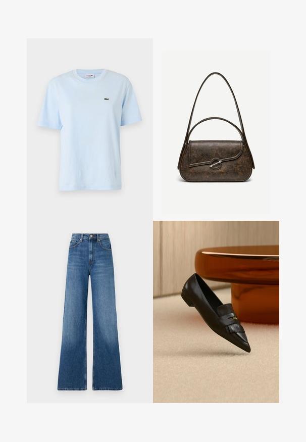 T-shirt en coton bleu clair à manches courtes, col rond, avec un petit logo en crocodile brodé vert sur la poitrine gauche.; Jean bleu à large jambe en denim, avec taille haute, design à cinq poches, fermeture à bouton et détail de couture traditionnel.; Mocassin en cuir noir à bout pointu avec détail de franges, positionné sur un tapis beige près d'une table ronde en verre orange.; Sac à main en cuir brun foncé texturé avec deux anses, forme rectangulaire arrondie, et fermeture à bouton circulaire argenté sur le rabat avant.