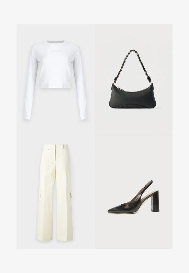 Top corto de manga larga blanco hecho de una tela suave, con un sutil logo "HUGO" en gris claro en la parte delantera.; Pantalones cargo de pierna ancha en tela de color crema claro, con bolsillos tipo parche, cintura alta y aberturas laterales para añadir detalle y funcionalidad.; Zapato slingback de piel negra con puntera puntiaguda, tacón alto y ancho, y forro interior beige sobre un fondo claro y liso.; Bolso de hombro de cuero negro con forma rectangular curvada, cadena dorada entrelazada en una correa negra trenzada y cierre superior con cremallera.