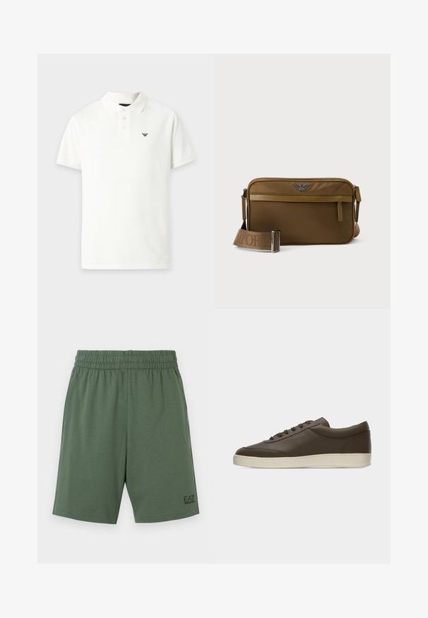 Polo blanc à manches courtes avec trois boutons et un petit logo noir sur le côté gauche de la poitrine.; Shorts de sport verts en tissu doux, dotés d'une ceinture élastique et d'un petit logo noir sur le bas à gauche.; Baskets basses en cuir marron foncé avec lacets sur le devant et semelle en caoutchouc couleur crème, vues de côté extérieur sur fond blanc.; Sac bandoulière rectangulaire marron avec poche zippée à l'avant, sangle réglable embossée du nom de la marque, et logo métallique au centre supérieur.