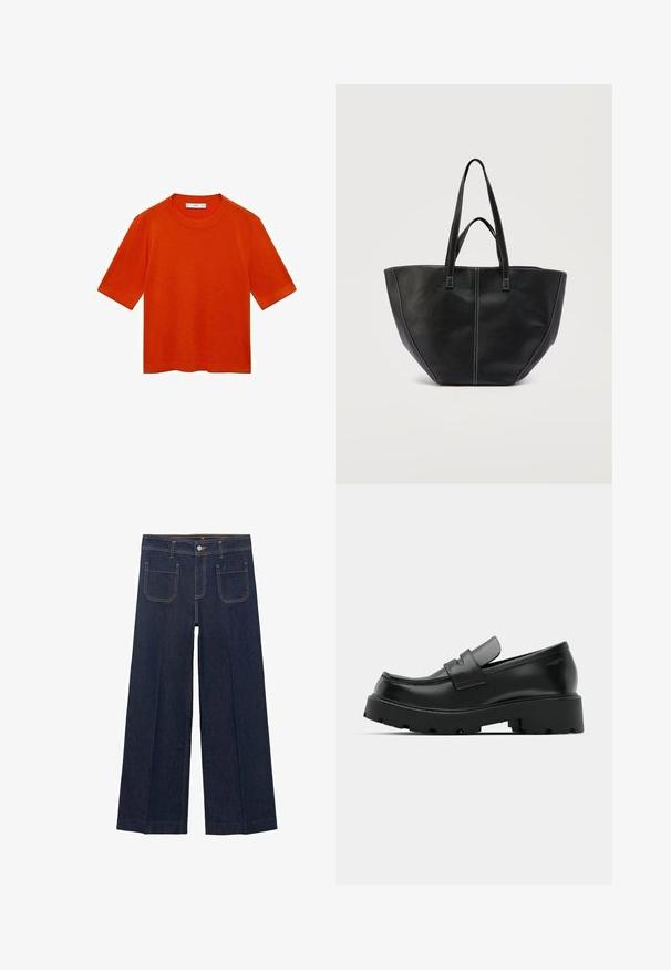 Korte mouwen oranje t-shirt van zachte stof, met een ronde hals en een relaxte pasvorm met een rechte onderrand en zonder zichtbare patronen.; Wijdvallende donkerdenim jeans met een rechte snit, voorzien van twee achterzakken en contrasterende stiksels langs de naden.; Zwarte leren instappers met een chunky, gestructureerde zool, voorzien van een band over de voet en een gladde, gepolijste afwerking.; Zwarte leren totebag met dubbele handvatten en contrasterende witte stiksels, met een brede, gestructureerde vorm en centrale naaddetails.