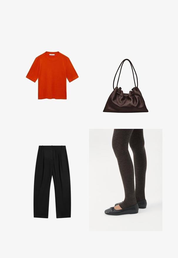 Korte mouwen oranje t-shirt van zachte stof, met een ronde hals en een relaxte pasvorm met een rechte onderrand en zonder zichtbare patronen.; Zwarte op maat gemaakte broek met rechte pijpen, riemlussen en voorplooien, getoond tegen een witte achtergrond.; Benen met donkere geribbelde leggings gecombineerd met zwarte ballerina's met kleine strikdetails op een witte achtergrond.; Zachte donkerbruine leren handtas met een slungelige vorm en twee dunne schouderbandjes tegen een witte achtergrond.