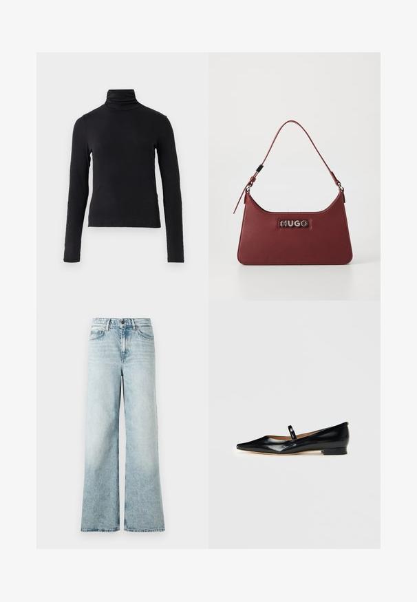 Top negro de manga larga y cuello alto, hecho de una tela suave y elástica. Presenta un cuello alto y una silueta ajustada sin adornos.; Jeans de mezclilla anchos de color azul claro, con cintura alta, dobladillo recortado y una textura suave con detalles desgastados.; Zapato plano Mary Jane de punta afilada en charol negro, con una sola correa y tacón bajo sobre un fondo sencillo.; Pequeño bolso rectangular de cuero burdeos con correa ajustable y placa de logotipo plateada "HUGO" en la parte frontal.