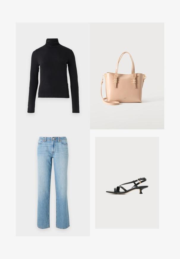 Sort langærmet turtle-neck top lavet af et blødt, strækbart stof. Har høj krave og tætsiddende silhuet uden pynt.; RE/DONE THE SANASA - Jeans Relaxed Fit - media noche; Sort damesandal i læder med tynde krydsede stropper, lav kittenhæls og lille guldbeklædt spænde på ankremmen.; Beige lædertaske med dobbelte håndtag, aftagelig skulderrem og guldfarvede spænder på en enkel lys baggrund.