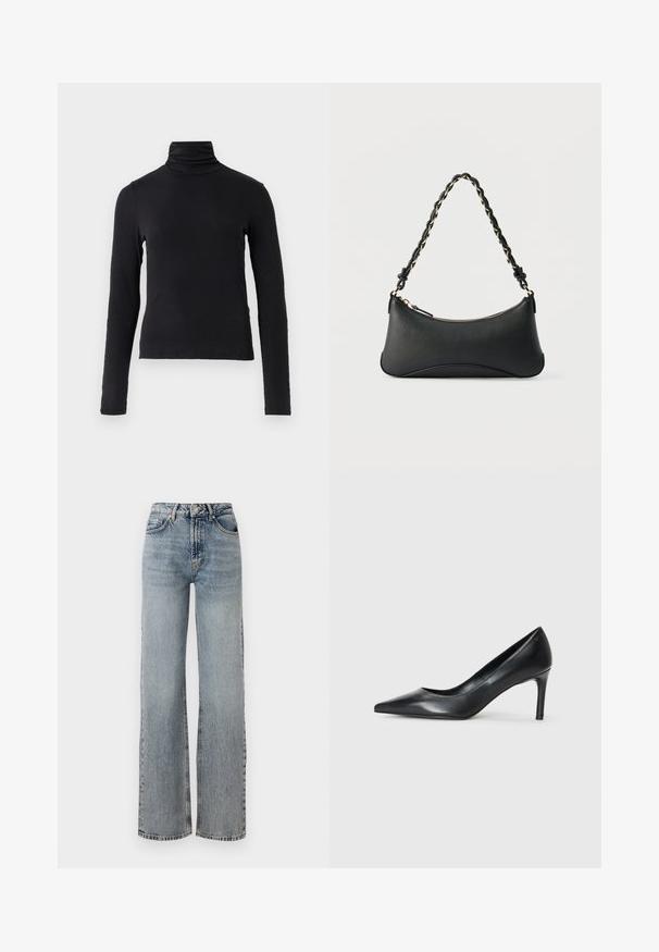 Zwarte langemouwen coltrui gemaakt van een zachte, rekbare stof. Heeft een hoge hals en een aansluitende silhoutte zonder versieringen.; Lichtblauwe denimjeans met een hoge taille, wijde pijpen, vervaagd afwerking en subtiele versleten details. Klassieke vijf-pocket styling.; Zwarte leren pump met spitse neus en een slanke hak, gladde textuur en geen zichtbare versieringen. Schoon ontwerp met een minimalistische esthetiek.; Zwarte lederen schoudertas met een gebogen rechthoekige vorm, gouden ketting verweven in een gevlochten zwarte band, en een ritssluiting bovenop.