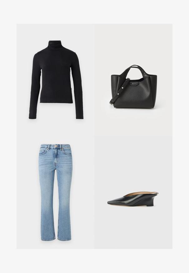Sort langærmet turtle-neck top lavet af et blødt, strækbart stof. Har høj krave og tætsiddende silhuet uden pynt.; Lys blå denim jeans med en udvidet design, høj talje, fem lommer og guld hardware. Funktioner en falmet vask og stikninger.; Sort laklæder kilehæl sko med spids tå og åben hæl, der har et elegant, buet design og minimalistisk stil.; Sort læderhåndtaske med tekstureret overflade, struktureret form, to korte håndtag og en aftagelig skulderrem. Har en logo-plade.
