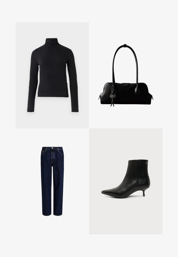 Top negro de manga larga y cuello alto, hecho de una tela suave y elástica. Presenta un cuello alto y una silueta ajustada sin adornos.; Jeans de mezclilla azul oscuro con un diseño de pierna recta, que presentan una cintura alta, estilo de cinco bolsillos y costuras en contraste. Sin adornos.; Botín de piel negra con puntera puntiaguda y tacón bajo estilo kitten sobre fondo claro, mostrando vista lateral exterior.; Bolso de mano negro de cuero Calvin Klein con asas largas, una etiqueta con el logo frontal y un colgante geométrico plateado que cuelga de una de las asas.