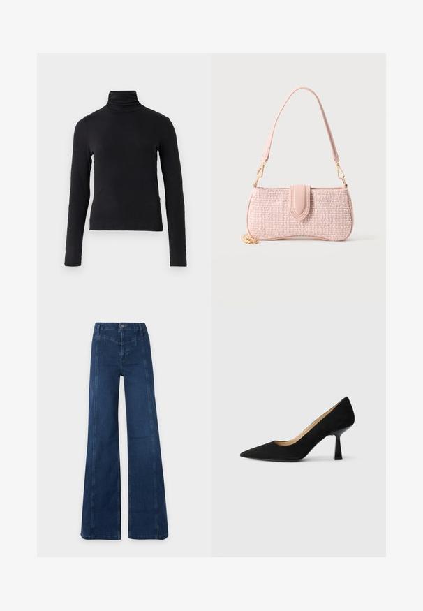 Sort langærmet turtle-neck top lavet af et blødt, strækbart stof. Har høj krave og tætsiddende silhuet uden pynt.; Mørkeblå højtaljede vidde jeans med synlige syninger og forreste knaplukning på lys ens baggrund.; Sorte ruskinds højhælede pumps med spids tå, der har en blank sort blokhæl og en glat indvendig foring.; Lille rektangulær lyserød tweedhåndtaske med matchende rem, læderklaplukning og guldkæde detalje på en lys baggrund.