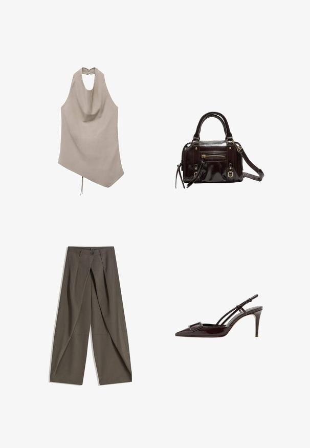 Asymmetrisk beige top lavet af glat stof, har en halterneck, draperet front og knaplukning bagpå med en bindedetalje i kanten.; Vide bukser lavet af et struktureret, mørkegråt stof. Har en frontfald, knaplukning og sidelommer for praktisk anvendelse.; Sort laklæder spids slingback hæl med en dekorativ spænde og tynde ankelremme.; Brun lakeret håndtaske med dobbelte håndtag, aftagelig skulderrem, frontlomme med lynlås og hardware i guld-tone.