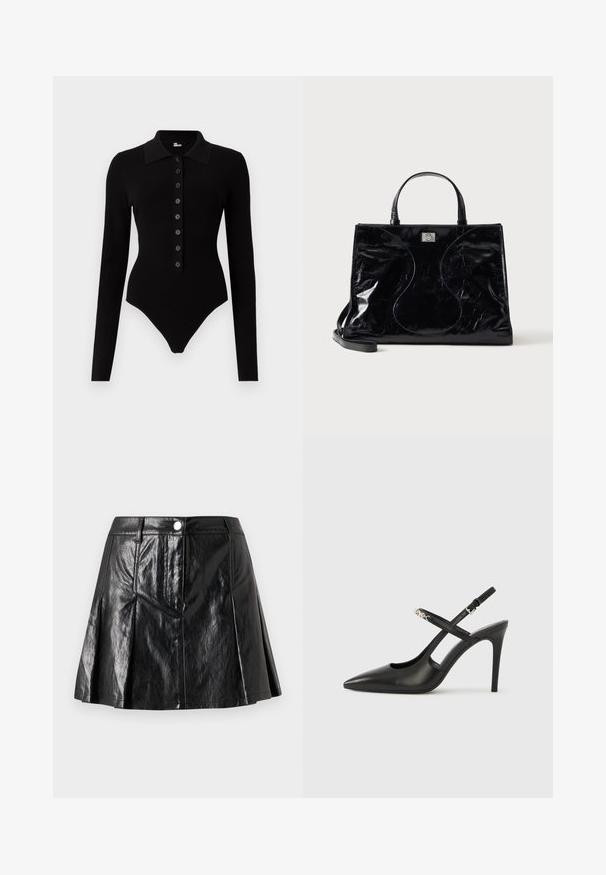 Body côtelé noir à manches longues avec col pointu et rangée de huit boutons à l'avant, coupe ajustée avec ouvertures hautes aux jambes.; Jupe en simili cuir noir avec un design évasé, présentant des plis à l'avant, une fermeture à bouton métallique et des poches latérales. Texture lisse et brillante.; Escarpins slingback en cuir noir avec bout pointu, design ajouré et bride ajustable ornée de ferrures métalliques.; Sac à main en cuir noir brillant avec poignées courtes, bandoulière amovible et détails de couture discrètement courbés à l’avant.
