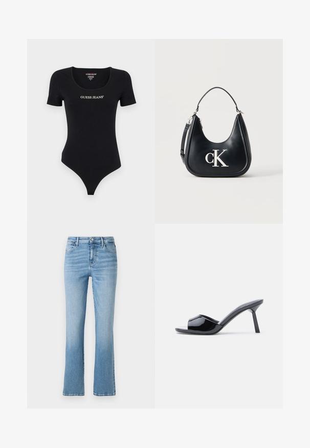 Sort kortærmet bodysuit med scoop halsudskæring og "GUESS JEANS" logo i hvid. Lavet af blødt, strækbart materiale med en tætsiddende silhuet.; Replay ZOLIE PANTS HYPERFLEX ORIGINAL - Jeans Straight Leg - light blue; Sorte laklæder sandaletter med åben tå, der har et buet overdesign og en spids stilethæl. Glat, blank finish.; Sort skuldertaske i læder med sølvfarvet "cK" logo, buet silhuet, kort håndtag og aftagelig længere strop på ensfarvet baggrund.