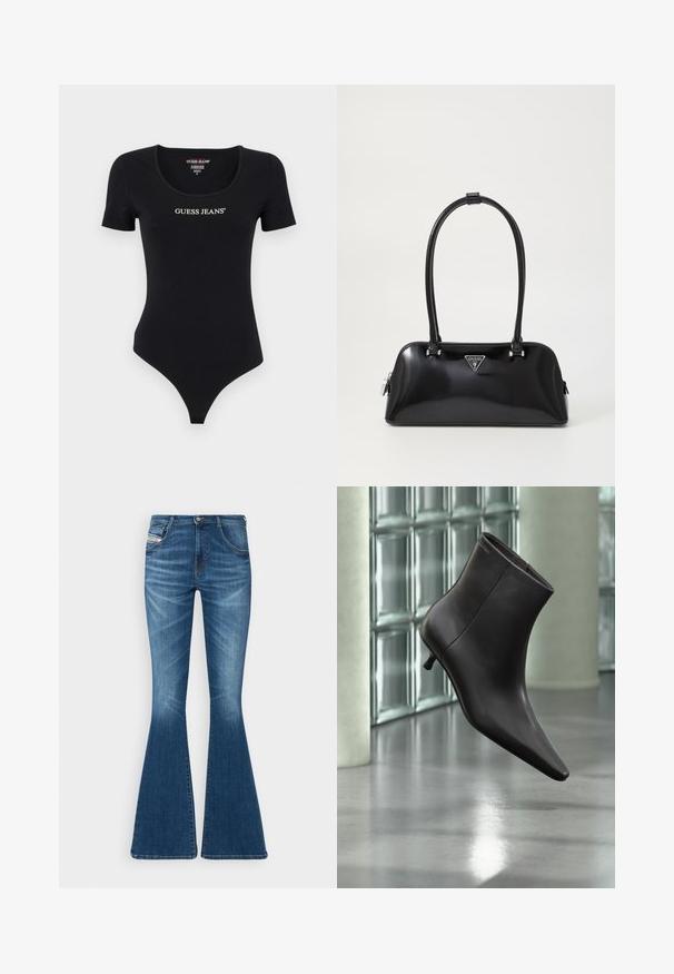 Čierny body s krátkym rukávom, ktorý má okrúhly výstrih a biely nápis "GUESS JEANS". Vyrobené z mäkkého, elastického materiálu s priliehavým strihom.; Zúžené džínsy v stredne modrej farbe z denimu, s vysokým pásom, dizajnom s piatimi vreckami a jemnými vyblednutiami na stehnách.; Čierna kožená členková obuv s ostrou špičkou a nízkym podpätkom, zobrazená na pozadí steny zo sklenených blokov a leštenej podlahy.; Čierna lesklá kabelka s zakriveným siluetou, dvoma uchami a prednou nášivkou s logom. Zipsové uzatváranie a lesklé hardvérové akcenty.